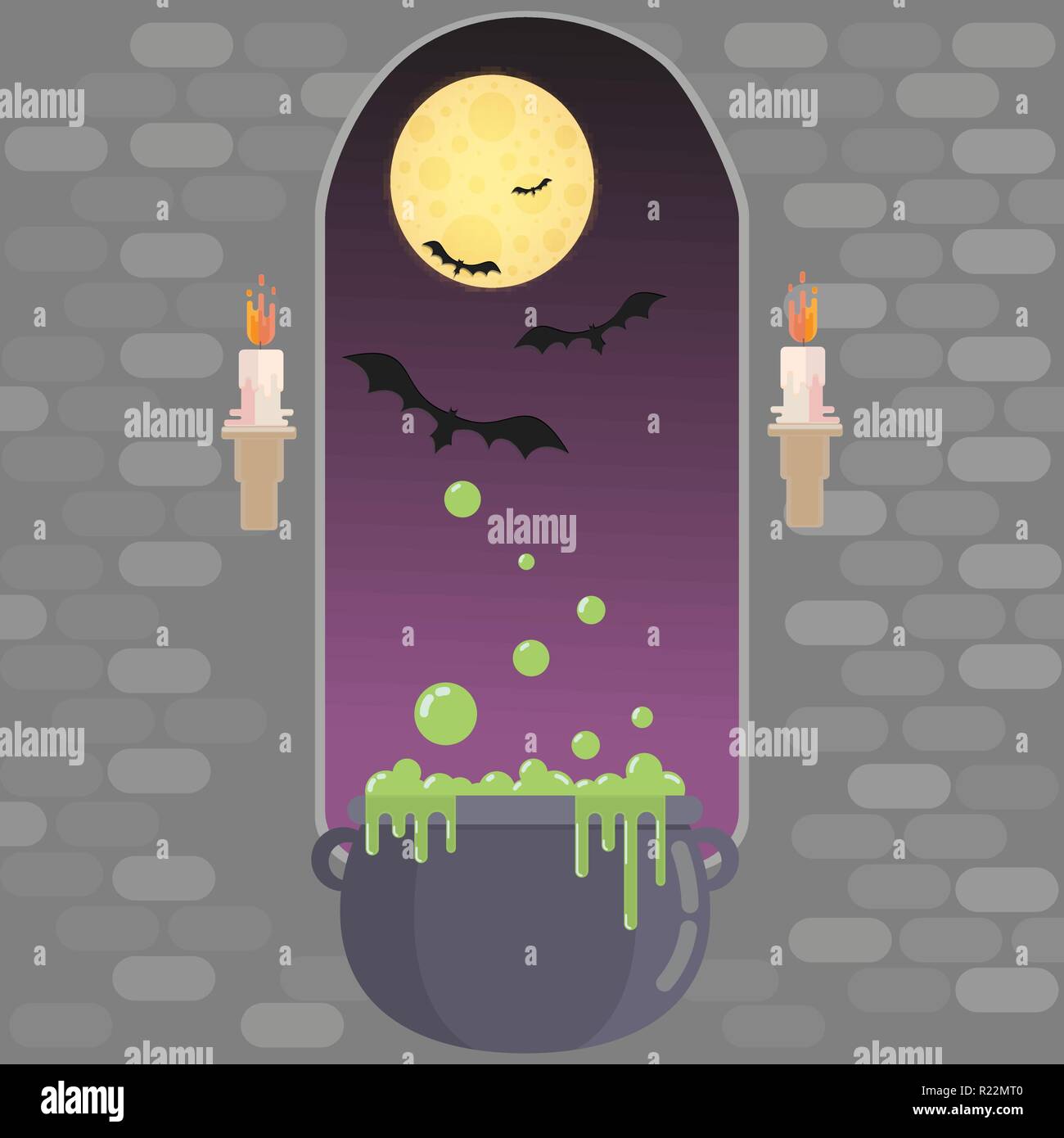 Finestra medievale in castello. Happy helloween card, illustrazione vettoriale con candele e con la luna piena, pipistrelli e strega pot. Autunno notte illustrazione vettoriale Illustrazione Vettoriale