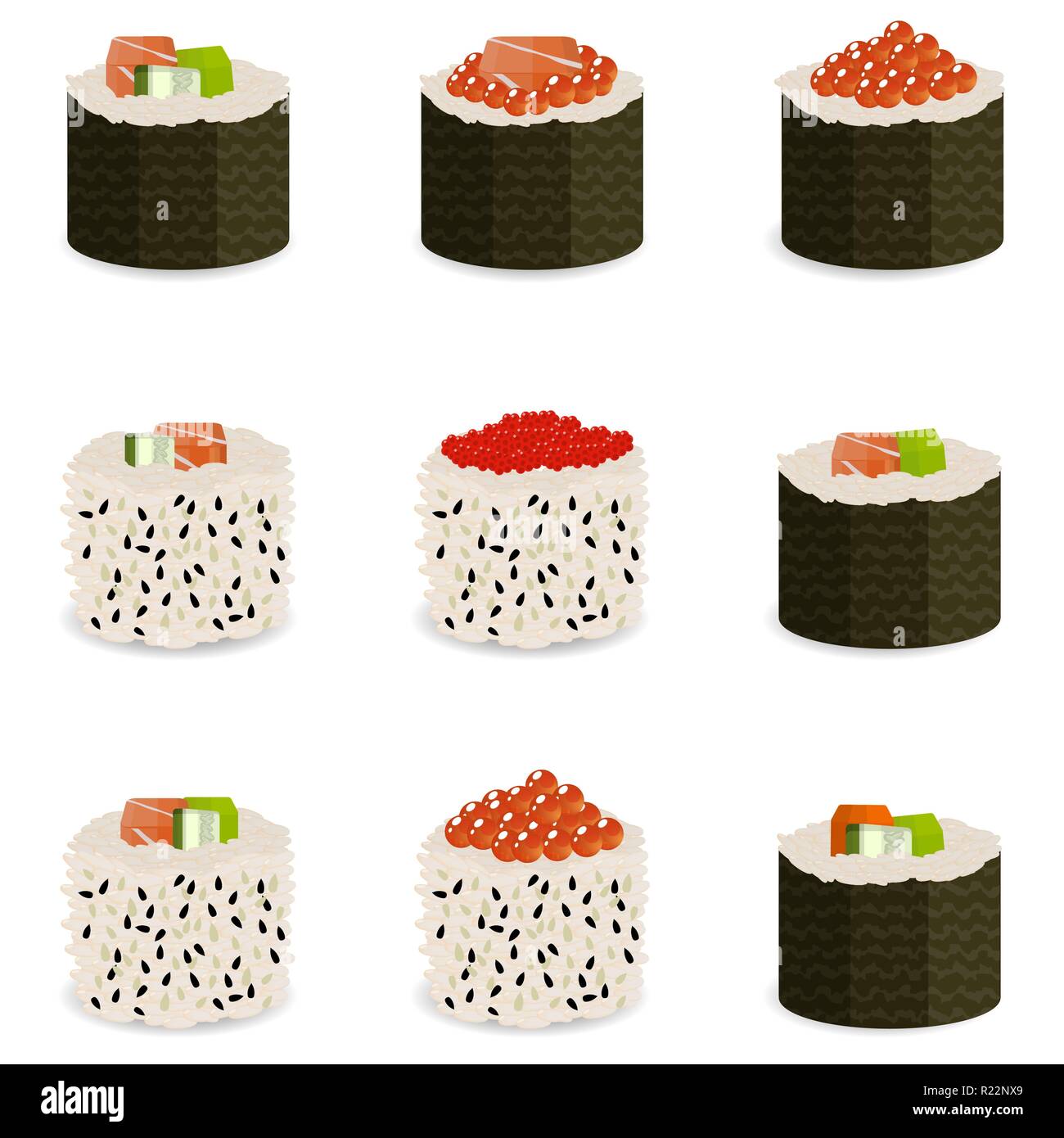 Set di 9 fette di rotoli di sushi, tradizionale cibo asiatico. Ricette classiche per il menu del ristorante, siti web di consegna, in vista isometrica. Illustrazione Vettoriale