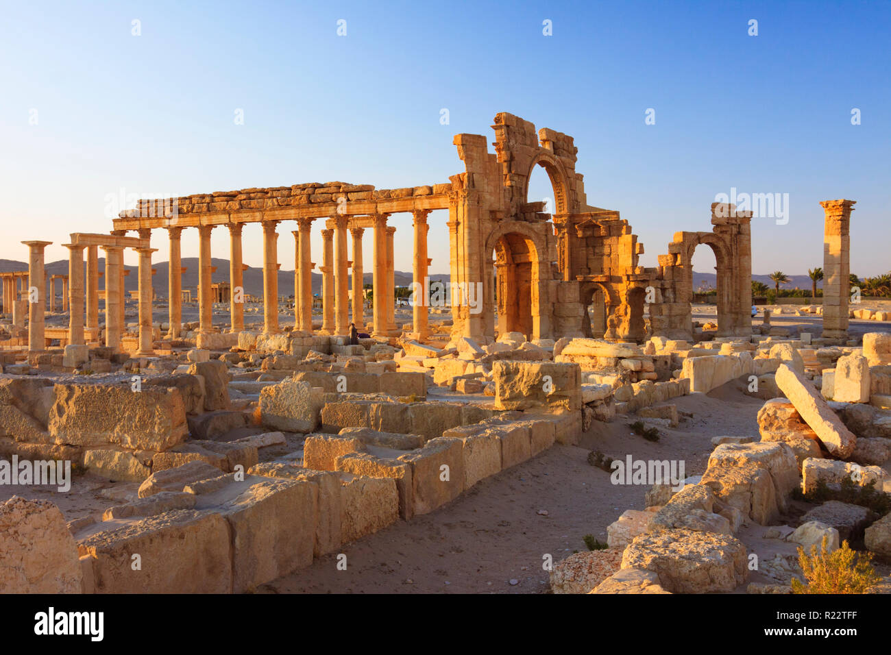 Palmyra, Homs Governatorato, Siria - Maggio 27th, 2009 : GRANDE colonnato e monumentale arco di Palmyra. Il monumentale Arco è stato un terzo secolo ornam Romano Foto Stock