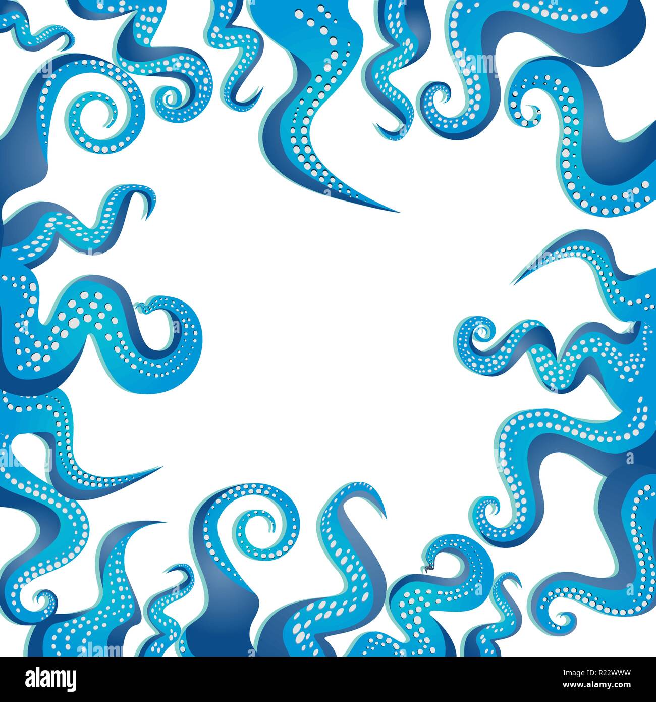 I tentacoli di un polipo blu e telaio bianco, oceano motive flat Cartoon carino illustrazione per il web e la stampa, grazioso decor. Illustrazione Vettoriale