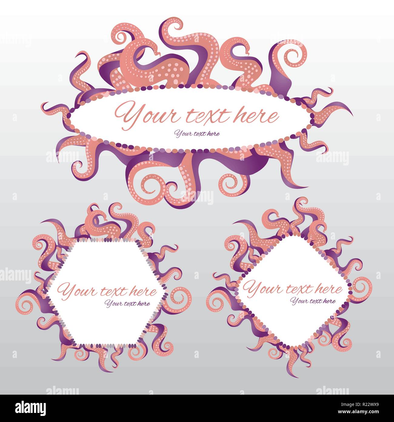 Set di tentacoli cornice intorno le etichette con color rosa corallo, oceano motivo piatto illustrazione dei cartoni animati per il web e la stampa, grazioso decor. Illustrazione Vettoriale