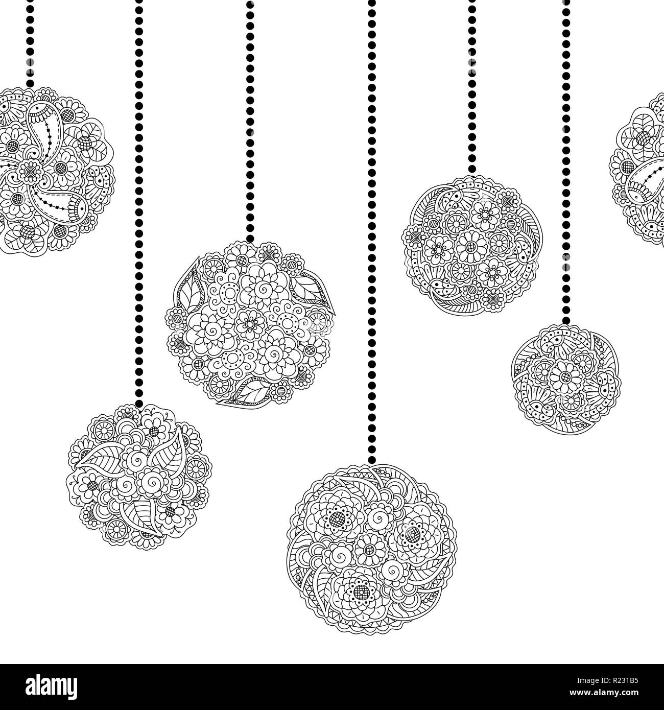 Vettore senza cuciture decorative Natale confine con sfera albero da floral doodle elementi su sfondo bianco. Natale colorazione senza interruzioni di pagina per prenotare Illustrazione Vettoriale