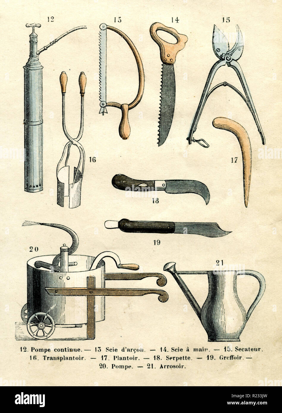 Attrezzi da giardino: 12 pompa, 13 sega, 14 handsaw, 15, a forbice 16 piantatrice, 17 piantatrici 18 giardino coltello 19 coltello innesto, 20 pompa, 21 annaffiatoio (12 Pompe continuare, 13 Scie d'arcon, 14 Scie à main, 15 tagliasiepe, 16 trapianto, 17 Plantoir, 18 Serpette, 19 Greffoir, 20 pompe, 21 Arrosoir), M.M. Belin u. Bethmont, gestochen von M.M Brevière u. Soupey Foto Stock