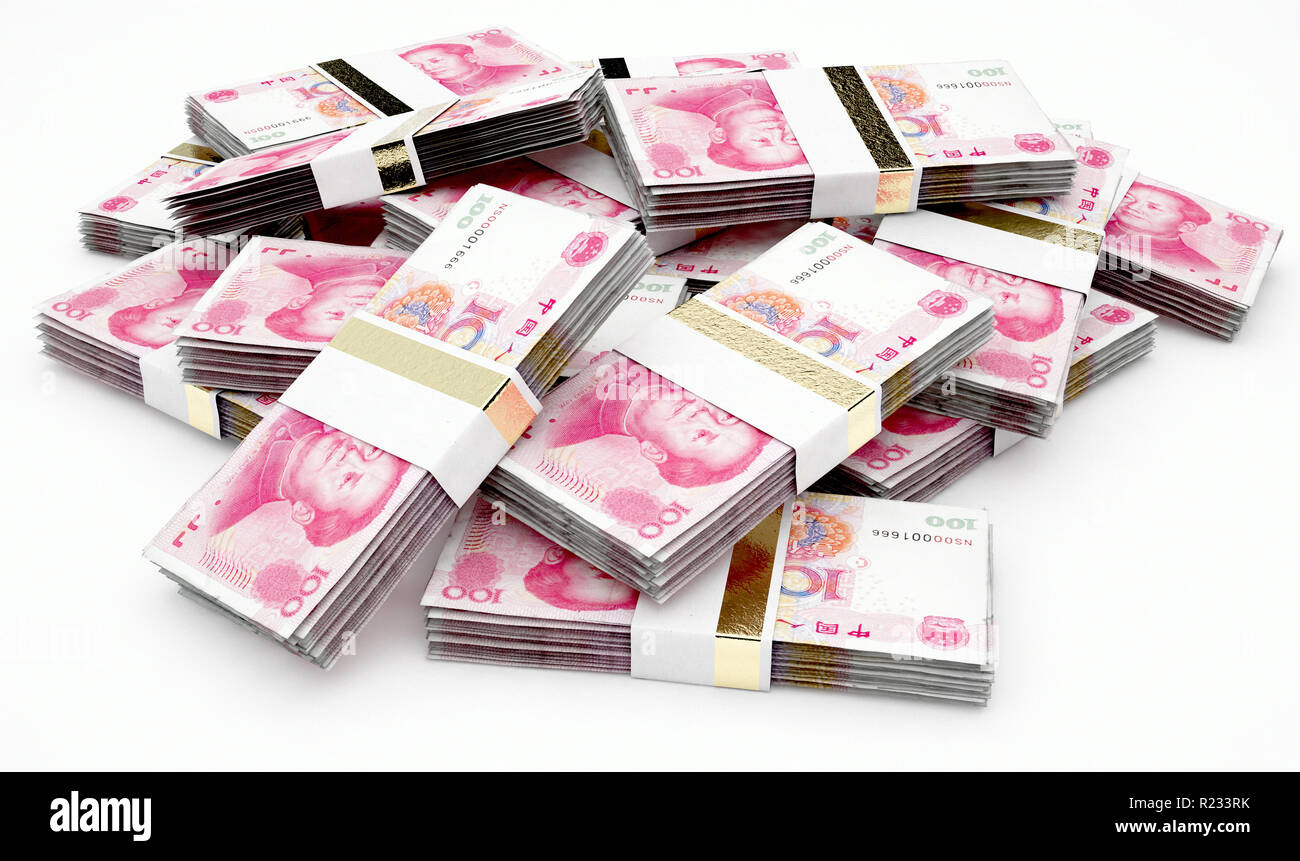 Un mucchio di casualmente disperse fasci di yuan cinese banconote isolato su un background - 3D render Foto Stock