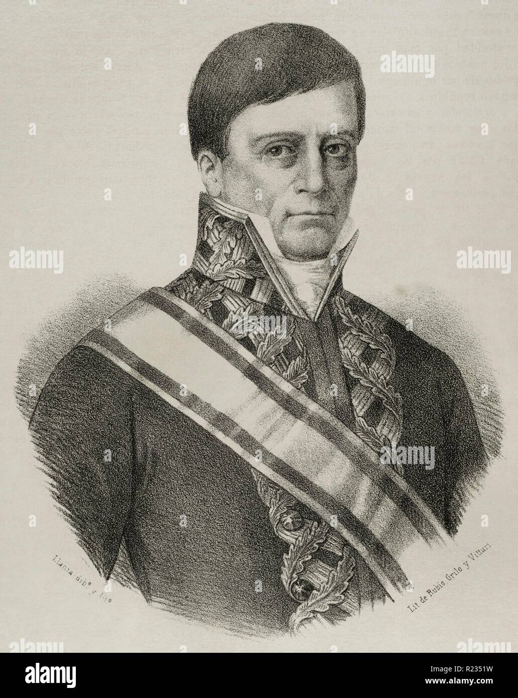 Juan José Ruiz de Apodaca y Eliza (Cádiz, 1754-Madrid, 1835). Il Primer conde del Venadito. Marino, militar y gobernador de uno de los virreinatos del imperio Español. Dibujo por Llanta. Litografía. Retrato. Crónica General de España, Historia Ilustrada y Descriptiva de sus Provincias. Andalucía, 1867. Biblioteca Histórico Militar de Barcelona, Cataluña, España. Foto Stock