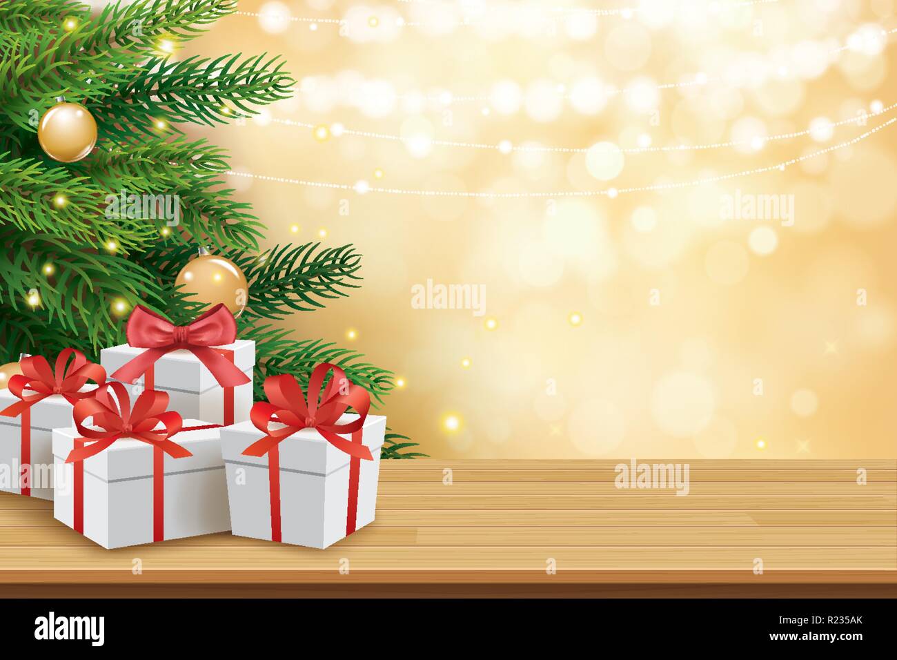 Natale biglietto di auguri con doni caselle sul tavolo di legno e albero bokeh sfondo. Natale e felice anno nuovo. Illustrazione Vettoriale