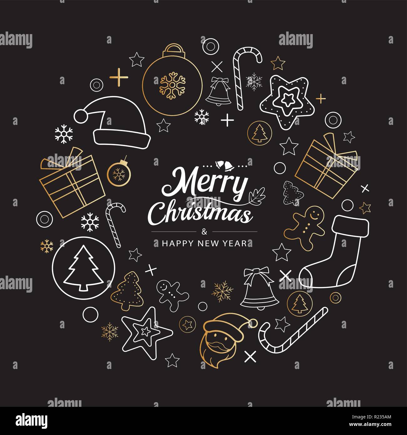 Icone di Natale corona cerchio in uno sfondo scuro. Utilizzare per elemento, biglietto di auguri, poster. Illustrazione Vettoriale