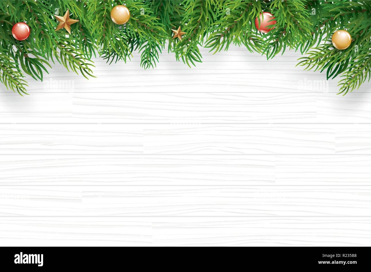 Natale con ramo di abete bianco su sfondo di legno. Illustrazione Vettoriale vista superiore e copia spazio per il testo. Utilizzare per il biglietto di auguri, banner, coperchio del nastro. Illustrazione Vettoriale