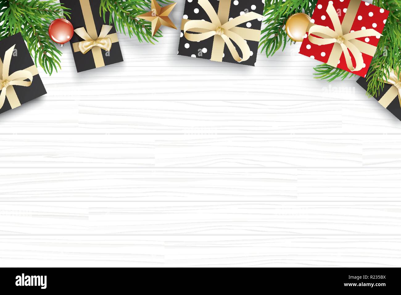 Natale con copia spazio per testo bianco su sfondo di legno. Illustrazione Vettoriale decorazione con rami di abete e di dono. Utilizzare per il biglietto di auguri, banne Illustrazione Vettoriale