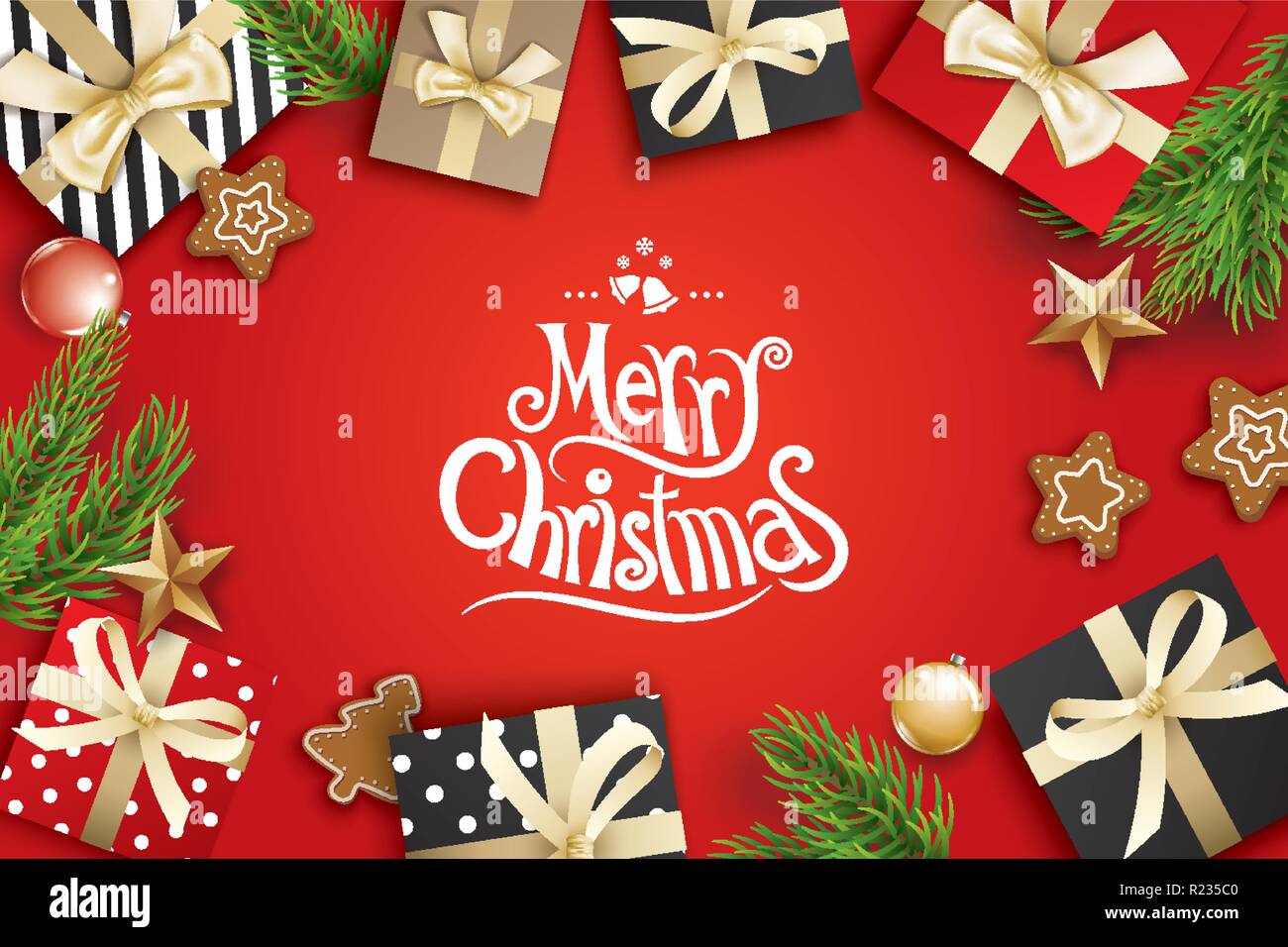 Merry Christmas greeting card telaio su sfondo rosso. Illustrazione Vettoriale decorazione con rami di abete e di dono. Utilizzare per banner e poster. Illustrazione Vettoriale