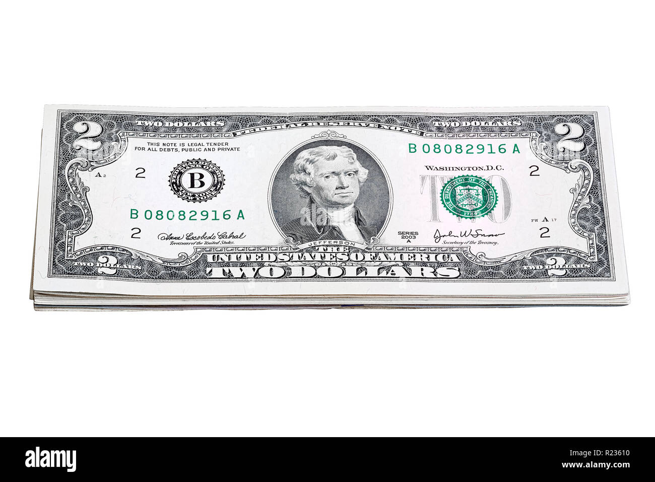 Pila di due dollari U.S. le fatture. Realizzato un angolo fine isolato. Foto Stock