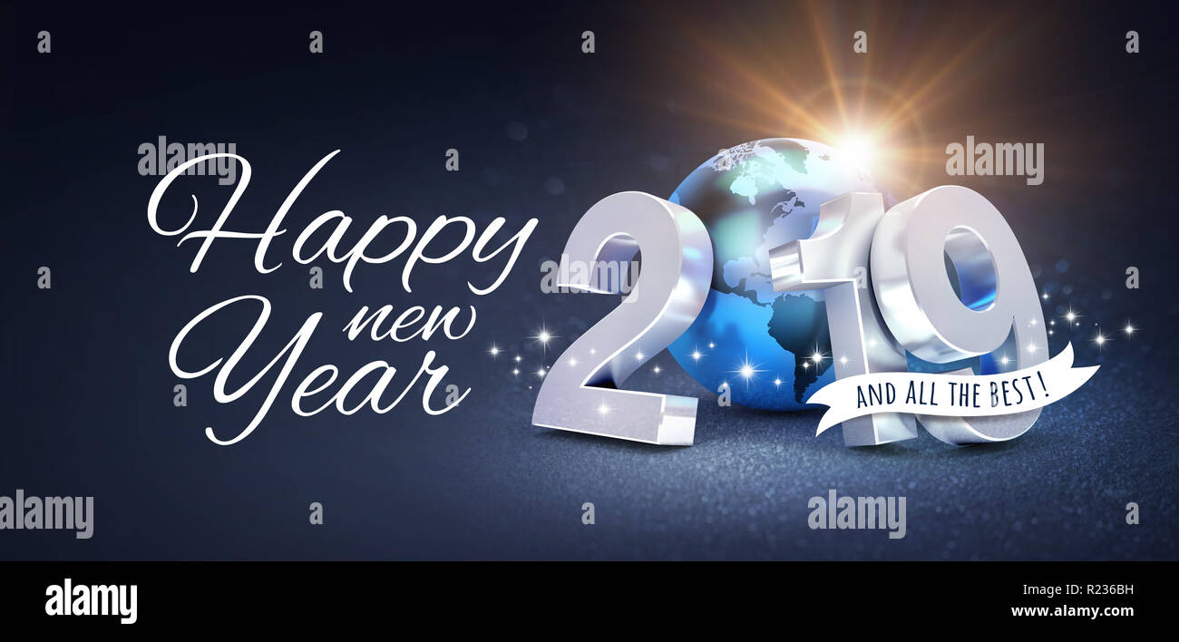 Felice Anno Nuovo messaggio di saluto e data d'argento 2019 composta con un blue planet earth, scintillanti su uno sfondo nero - 3D illustrazione Foto Stock