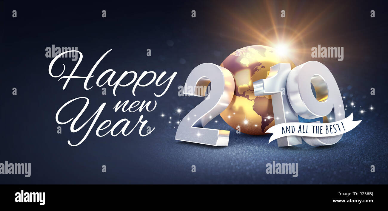 Felice Anno Nuovo messaggio di saluto e data d'argento 2019 composto con un oro il pianeta terra, scintillanti su uno sfondo nero - 3D illustrazione Foto Stock