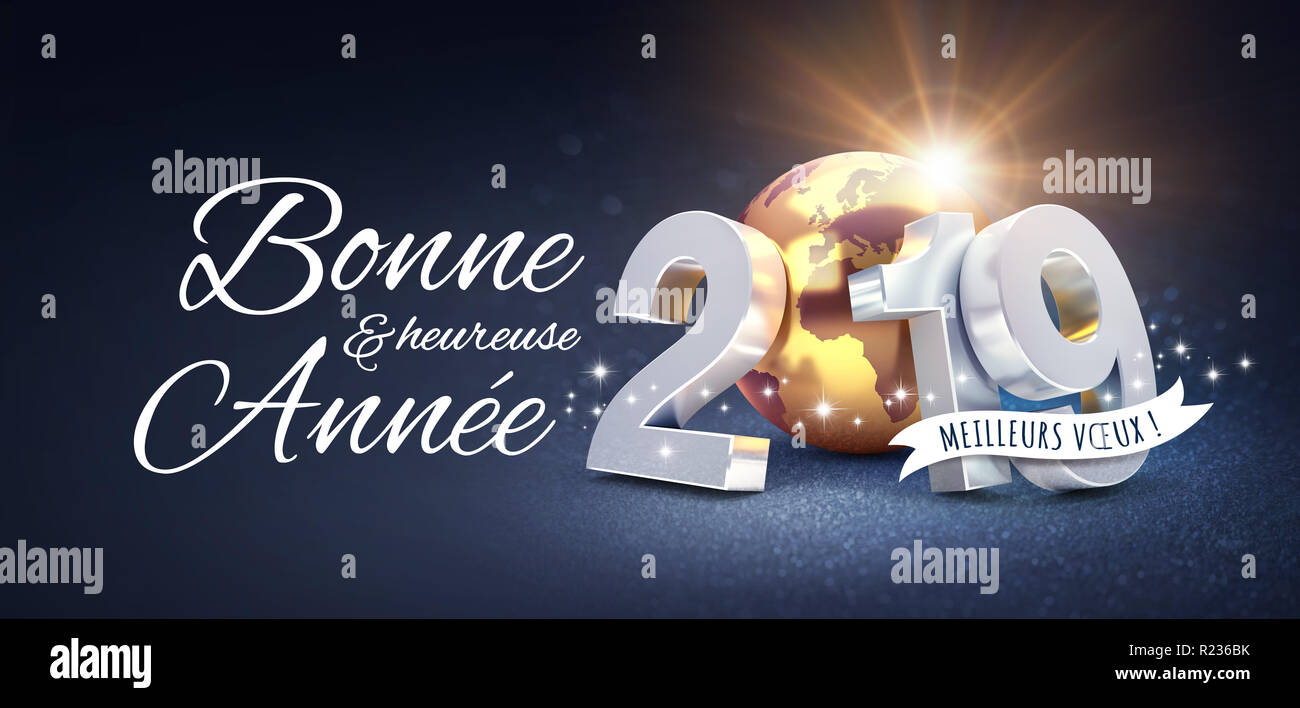 Felice Anno Nuovo messaggio di saluto in lingua francese e data d'argento 2019 composto con un oro il pianeta terra, scintillanti su uno sfondo nero - 3D illustrazione Foto Stock