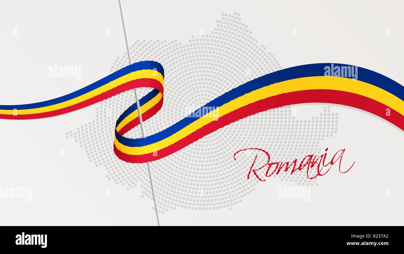 Illustrazione Vettoriale di astratta radiale halftone punteggiata Mappa di Romania e nastro ondulato con il rumeno bandiera nazionale i colori per il tuo grafico e web desi Illustrazione Vettoriale