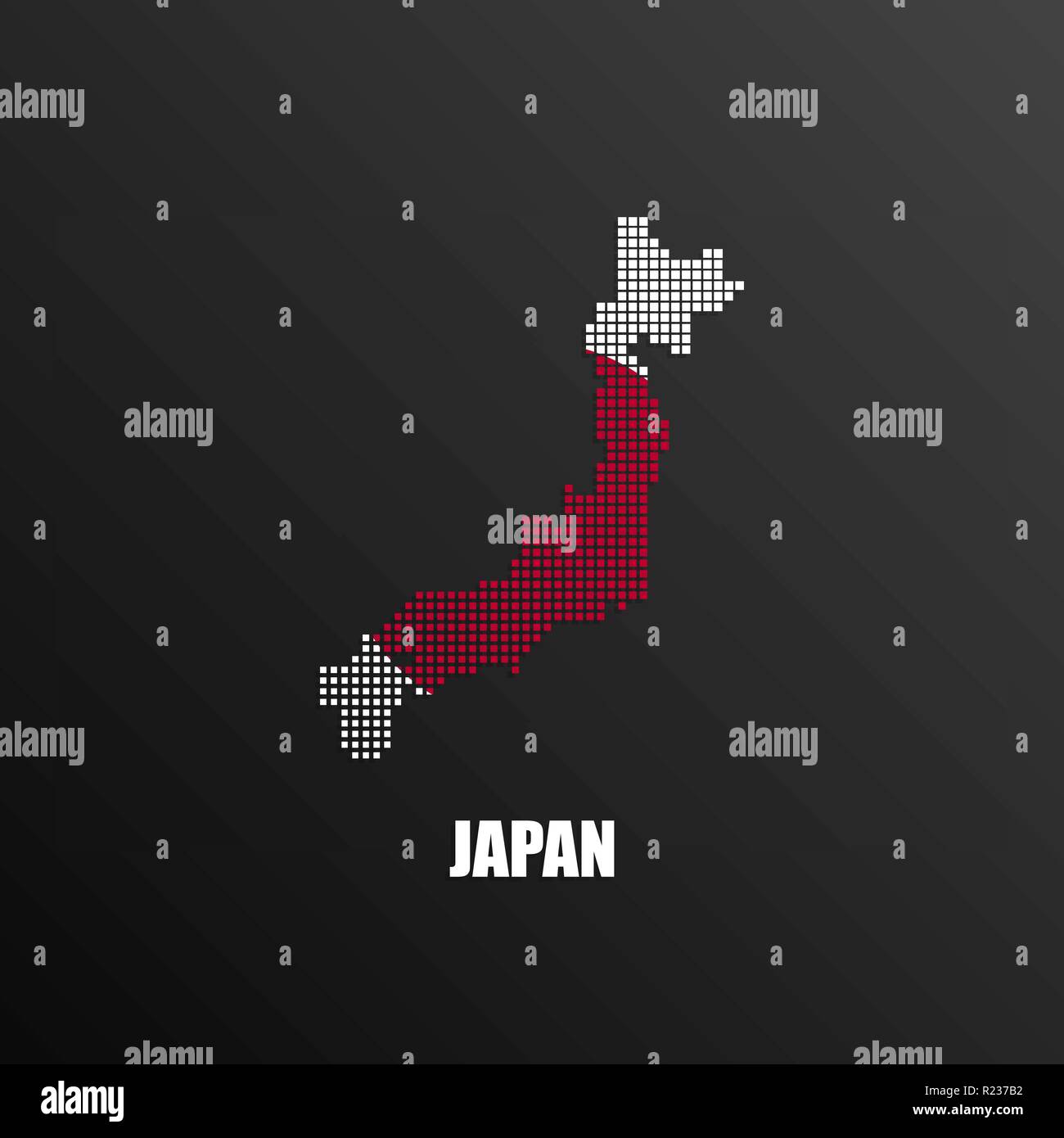 Illustrazione Vettoriale di mezzitoni astratta mappa del Giappone fatta di pixel quadrati giapponesi con bandiera nazionale dei colori per la vostra scheda grafica e web design Illustrazione Vettoriale