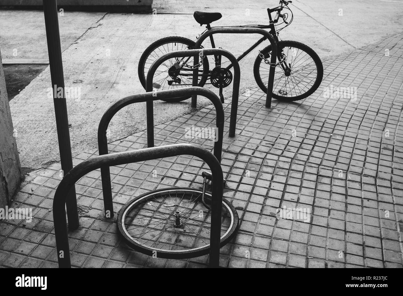 La ruota di bicicletta con armadietto giaceva su strada Foto Stock