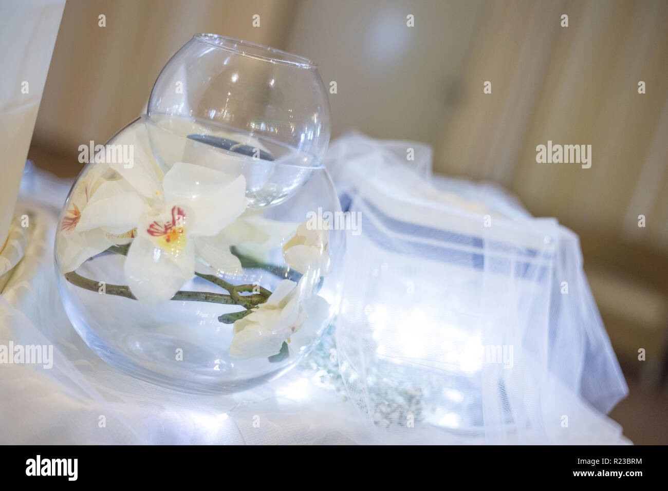 Vaso illuminato con i confetti con white label per personalizzare l'immagine, la corda per la decorazione e il cono per confetti sul tavolo blu. Foto Stock