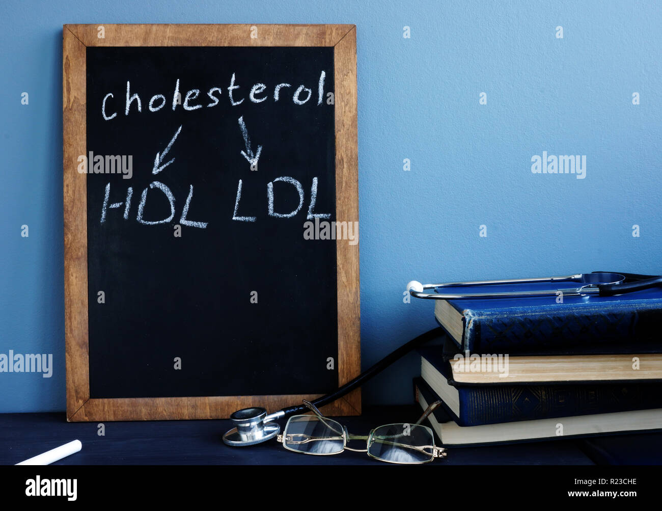 HDL colesterolo LDL scritti su una lavagna. Foto Stock