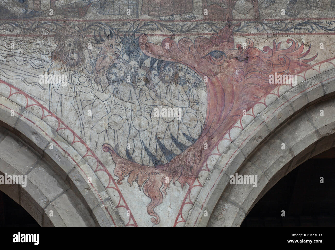 Discesa all'inferno: Pittura medievale a muro in San Pietro e la chiesa di San Paolo a Pickering, North Yorkshire Foto Stock