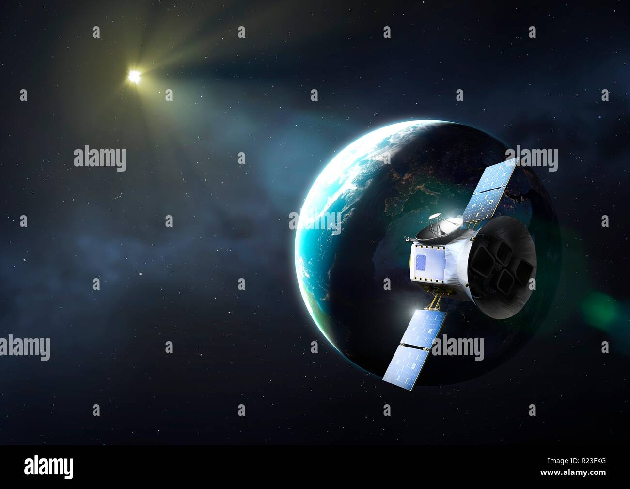 Illustrazione di transito Exoplanet Survey Satellite (TESS). TESS è stata lanciata dalla NASA nel mese di aprile 2018, il successore di Kepler. Esso ha due anni di missione, durante la quale sarà a caccia di pianeti extrasolari in transito le loro stelle. Ci si aspetta di trovare circa 20000 pianeti. Al momento del suo lancio, 3800 exoplanet erano noti. Foto Stock