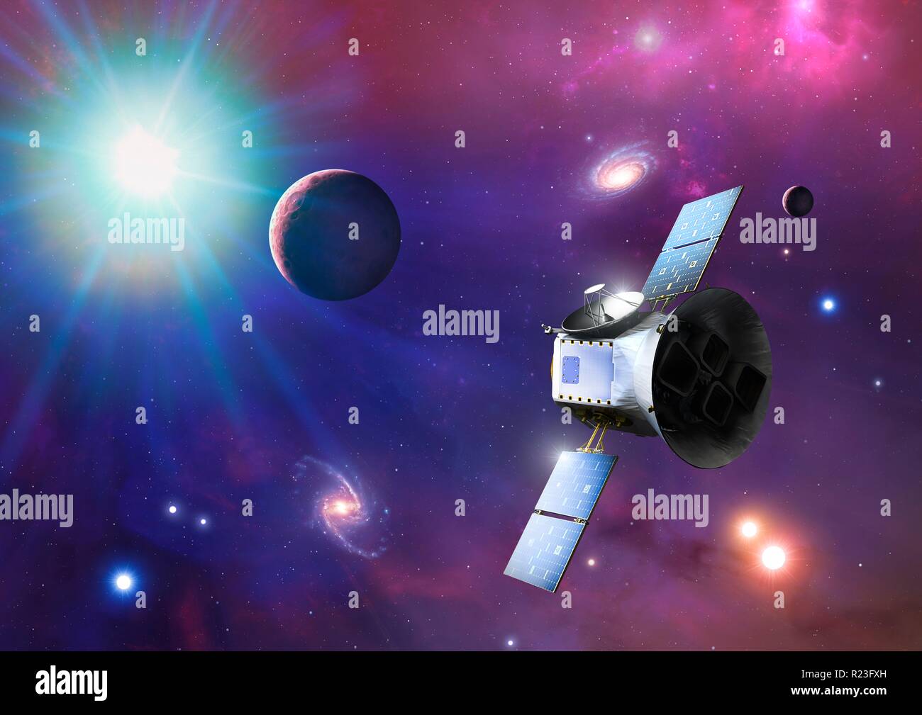 Illustrazione di transito Exoplanet Survey Satellite (TESS). TESS è stata lanciata dalla NASA nel mese di aprile 2018, il successore di Kepler. Esso ha due anni di missione, durante la quale sarà a caccia di pianeti extrasolari in transito le loro stelle. Ci si aspetta di trovare circa 20000 pianeti. Al momento del suo lancio, 3800 exoplanet erano noti. Foto Stock