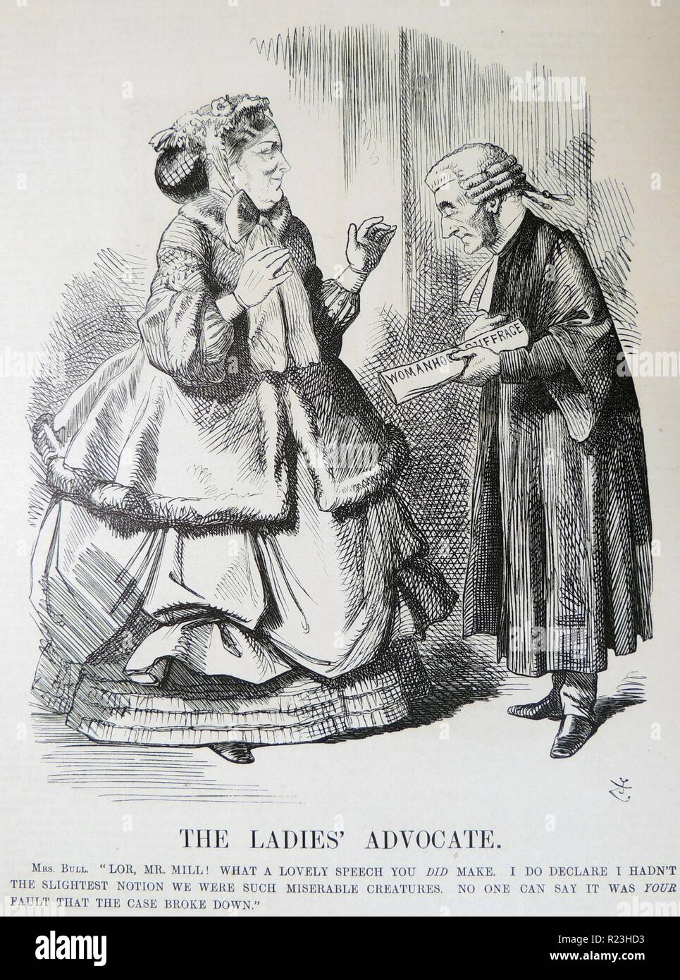 John Stuart Mill (1806-1873) ha parlato alla Camera dei comuni a favore di il suffragio femminile nel 1867. John Tenniel cartoon da ''Punch'', Londra, 1867. Foto Stock