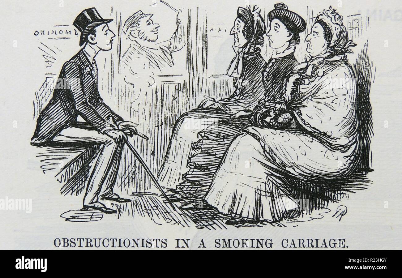 Fumare non è universalmente popolari! Giovane uomo in una stazione ferroviaria di fumare carrello paura di luce il suo sigaro quando confrontati dal formidabile anti-fumo femmine. Cartone animato da ''Punch'', Londra, 1888. Foto Stock