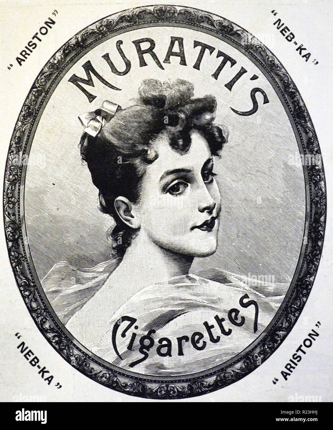 Pubblicità per Muratt turco di sigarette utilizzando l immagine di una giovane e bella donna, implicando che il fumo è stato acceptale per una donna. Dal ''l'Illustrated London News, Londra, 1895. Foto Stock