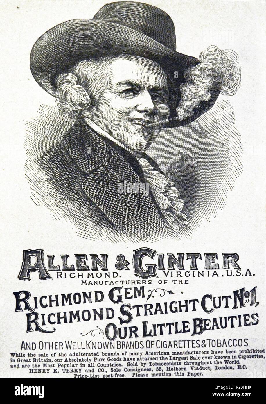 Pubblicità per Allen & Ginter il Virginian tabacco e sigarette. Dal ''l'Illustrated London News'', Londra, 1886. Foto Stock