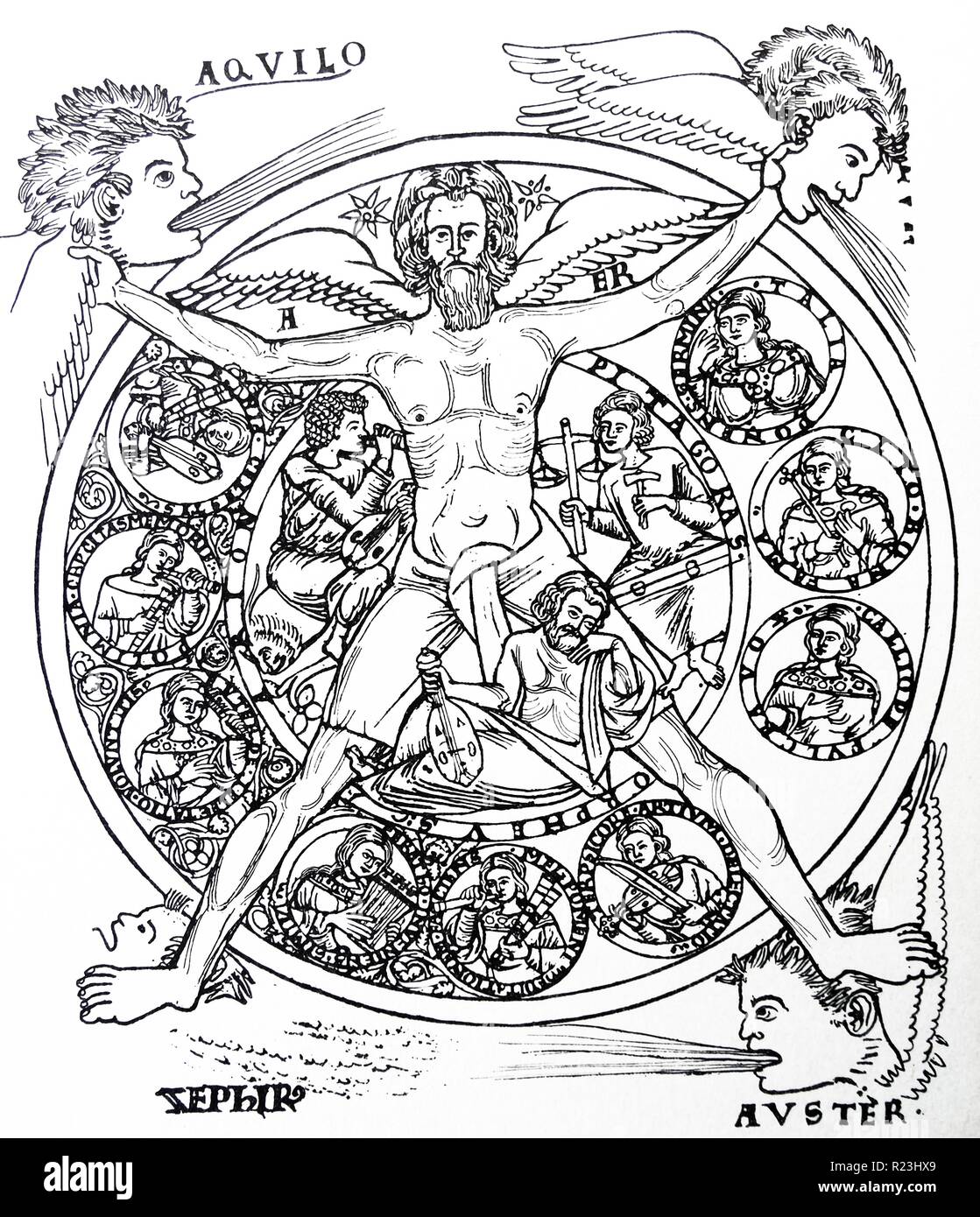Disegno a matita di armonia personificata nella figura di aria (AER). Egli è il controllo dei quattro venti, e nei tre segmenti del cerchio cosmico sono medaglioni di nove muse sotto Arion, Orfeo e Pitagora. Datata xiii secolo Foto Stock