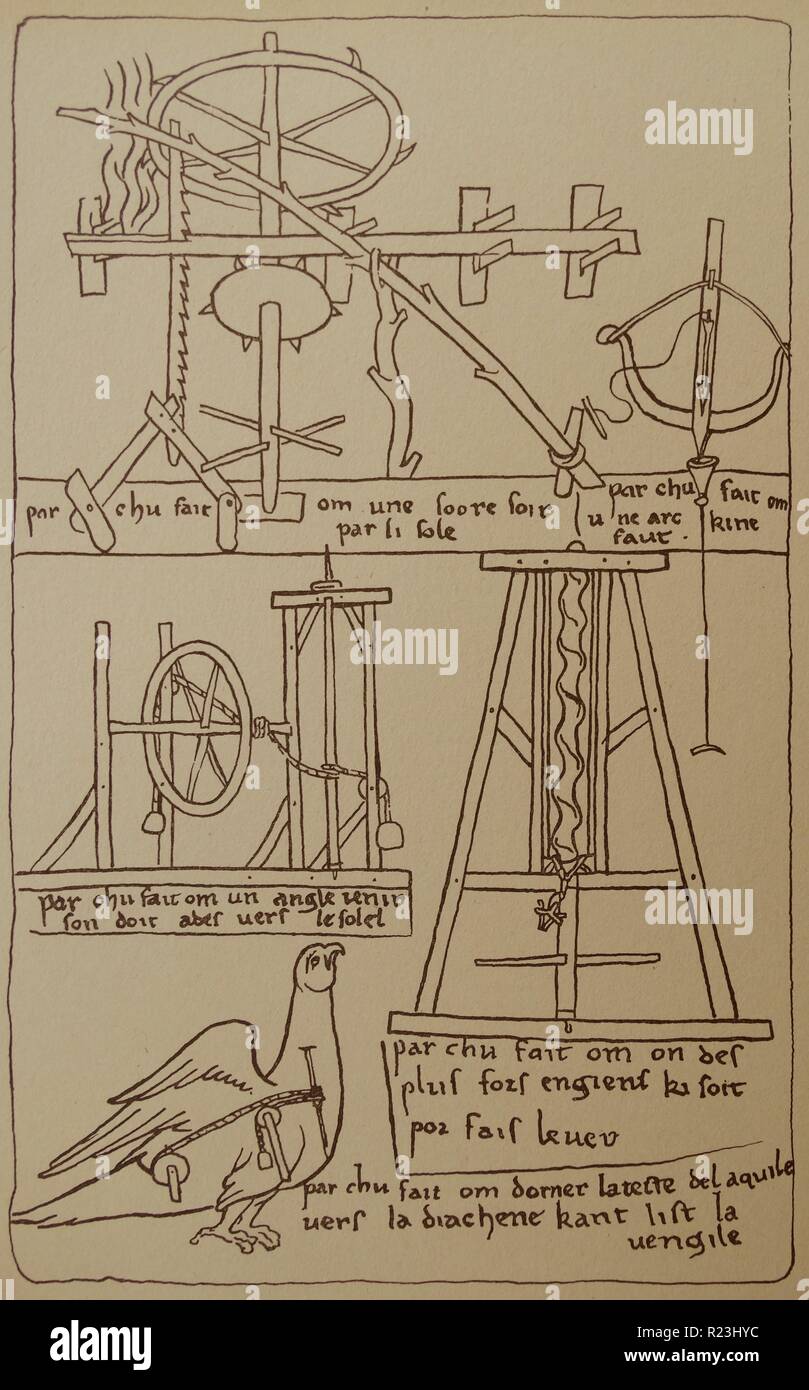 Schema di un meccanismo dietro un annuire eagle. La testa è stata progettata per il coro della cattedrale da Villard de Honnecourt. Datata xiii secolo Foto Stock