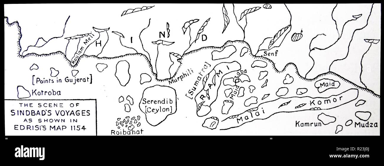 La scena di Sinbad di viaggi come mostrato in Edrisi mappa del 1154. Il romanticismo di 'Sinbad il marinaio' è davvero una storia vera di arabi avventure in mare durante il nono e il decimo secolo, messo in un ambiente romantico e attribuita a un solo uomo. Foto Stock