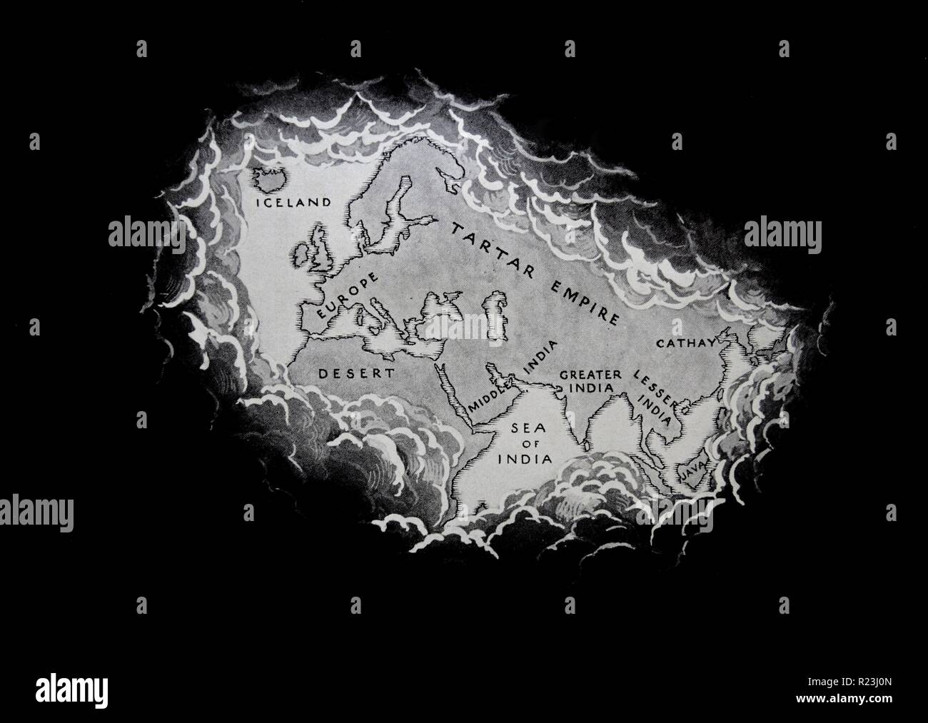 Lo svolgimento delle nubi. Il mondo come è noto alla fine del XIII secolo dopo i viaggi di Marco Polo (1254-1324) e i suoi contemporanei. Foto Stock