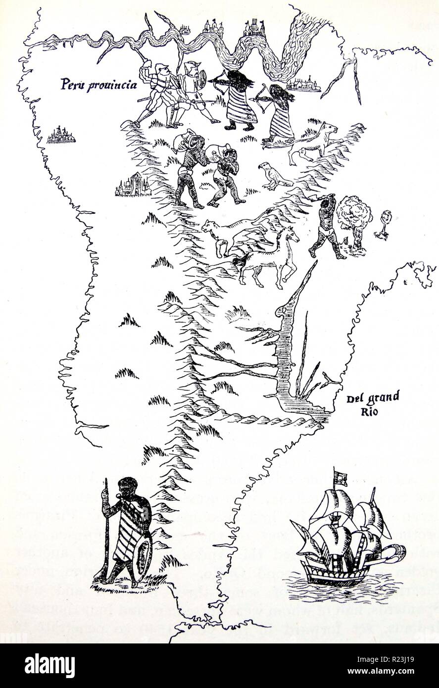 In Perù e in Sud America. Dalla mappa del mondo del 1544, solitamente attribuiti a Sebastian Cabot. Nella parte superiore è mostrato il fiume Amazon, scoperto da Orellana nel 1541. Foto Stock