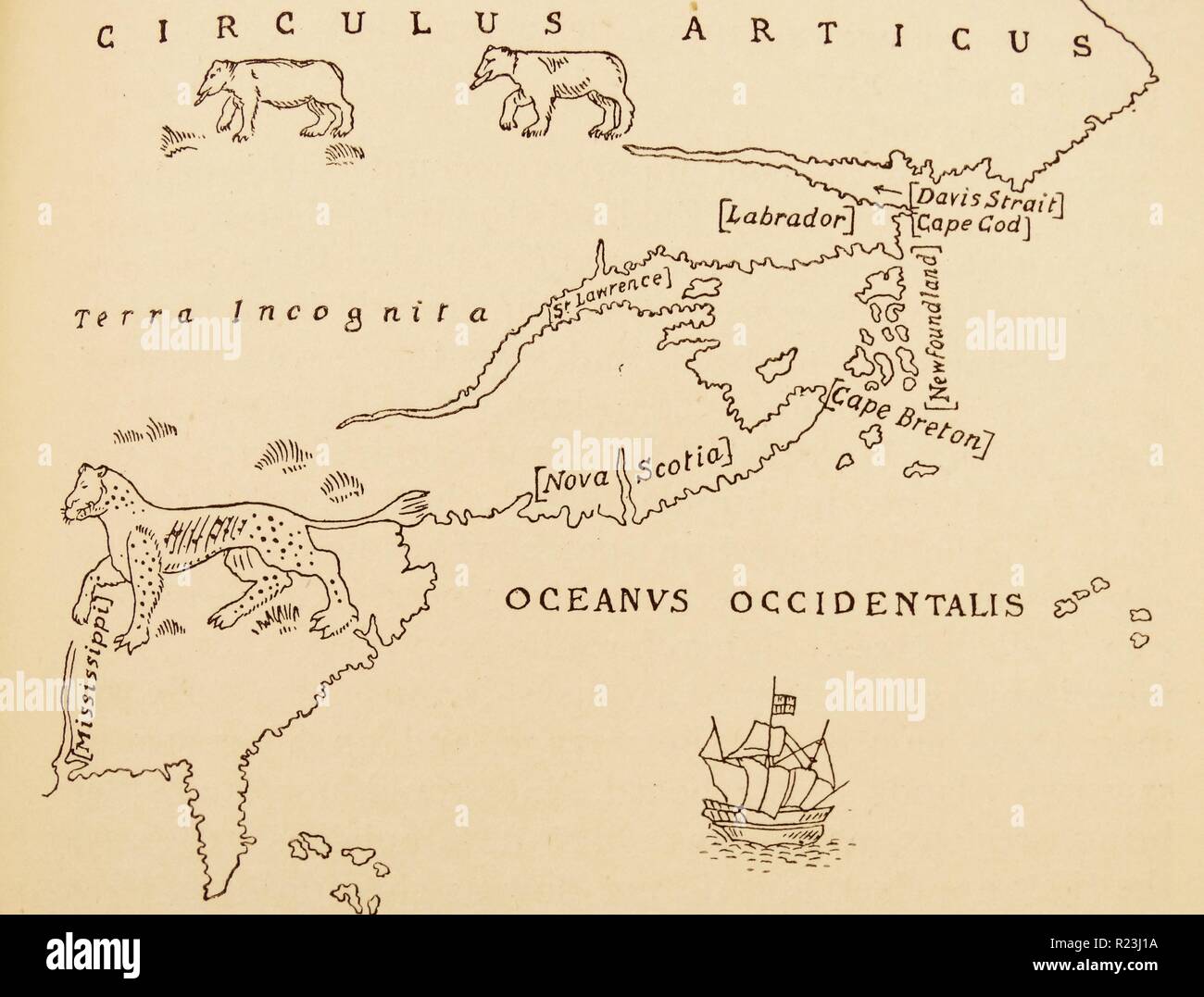 Parte del Nord America, mostrando Sebastian Cabot il viaggio a Terranova. Dalla mappa di 1544, solitamente attribuiti a Cabot. Foto Stock