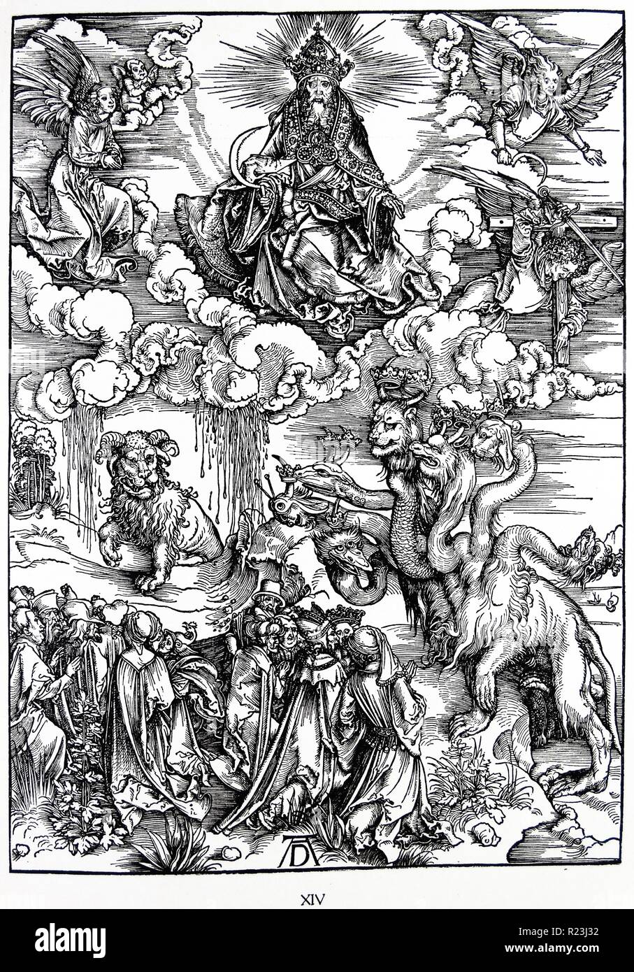 Martin Lutero: Prefazione alla rivelazione di Giovanni ( 1522): Vorrede zur Offenbarung Johannes (1522). Apocalisse nelle figure; Xilografia da Albrecht Dürer; Il Mostro Marino e la bestia con l'Agnello di corna. L'Apocalisse di San Giovanni Foto Stock