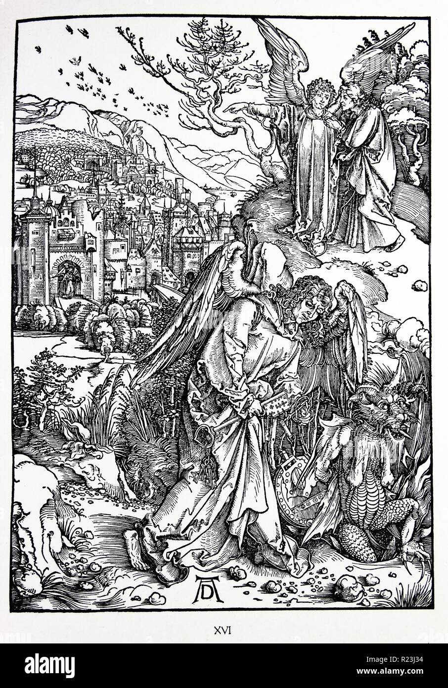 Martin Lutero: Prefazione alla rivelazione di Giovanni ( 1522): Vorrede zur Offenbarung Johannes (1522). Apocalisse nelle figure; Xilografia da Albrecht Dürer; l'Apocalisse di san Giovanni: 15. L'angelo con la chiave per l'Abisso Foto Stock