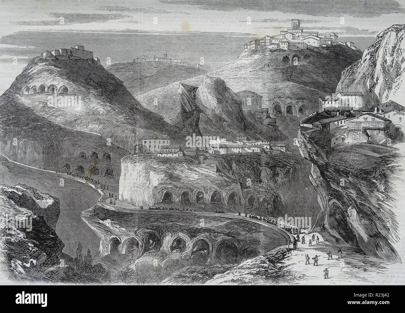 Vista di Castrogiovanni chiamato ora a Enna, una città e un comune situato nella Sicilia sud Italia 1860 Foto Stock