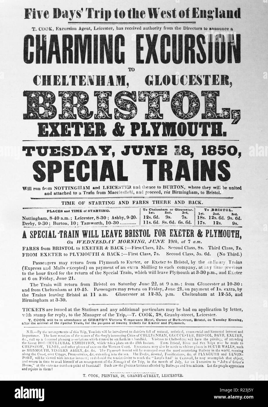 Thomas Cook Ltd annuncio: affascinante escursione. Cinque giorni di viaggio a ovest dell'Inghilterra. Treni speciali, Martedì 18 Giugno, 1850. Foto Stock