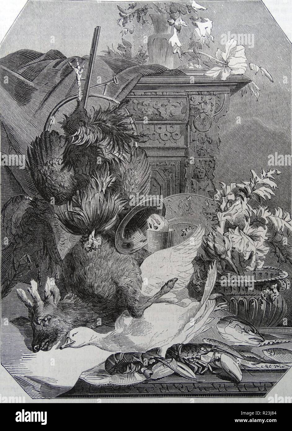 Illustrazione raffigurante una collezione di animali morti compreso, una capra, anatra, pesce e scampi. Datata 1853 Foto Stock Illustrazione raffigurante una collezione di animali morti compreso, una capra, anatra, pesce e scampi. Datata 1853 Foto Stock