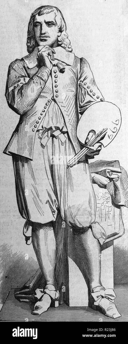 Illustrazione di una statua del pittore Eustache Le Sueur (1616-1655), co-fondatore dell'Accademia francese della pittura. Datata 1840 Foto Stock