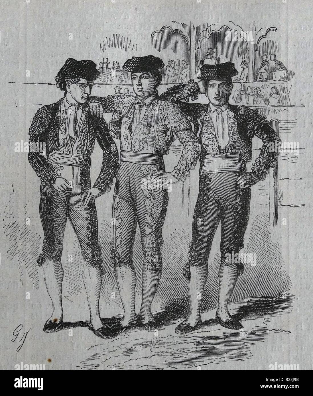 Illustrazione di un trio di tauromachia Toreros. La corrida è una speculazione tradizionale di Spagna, Portogallo e Francia meridionale e alcuni ispanici paesi americani. Datata 1853 Foto Stock