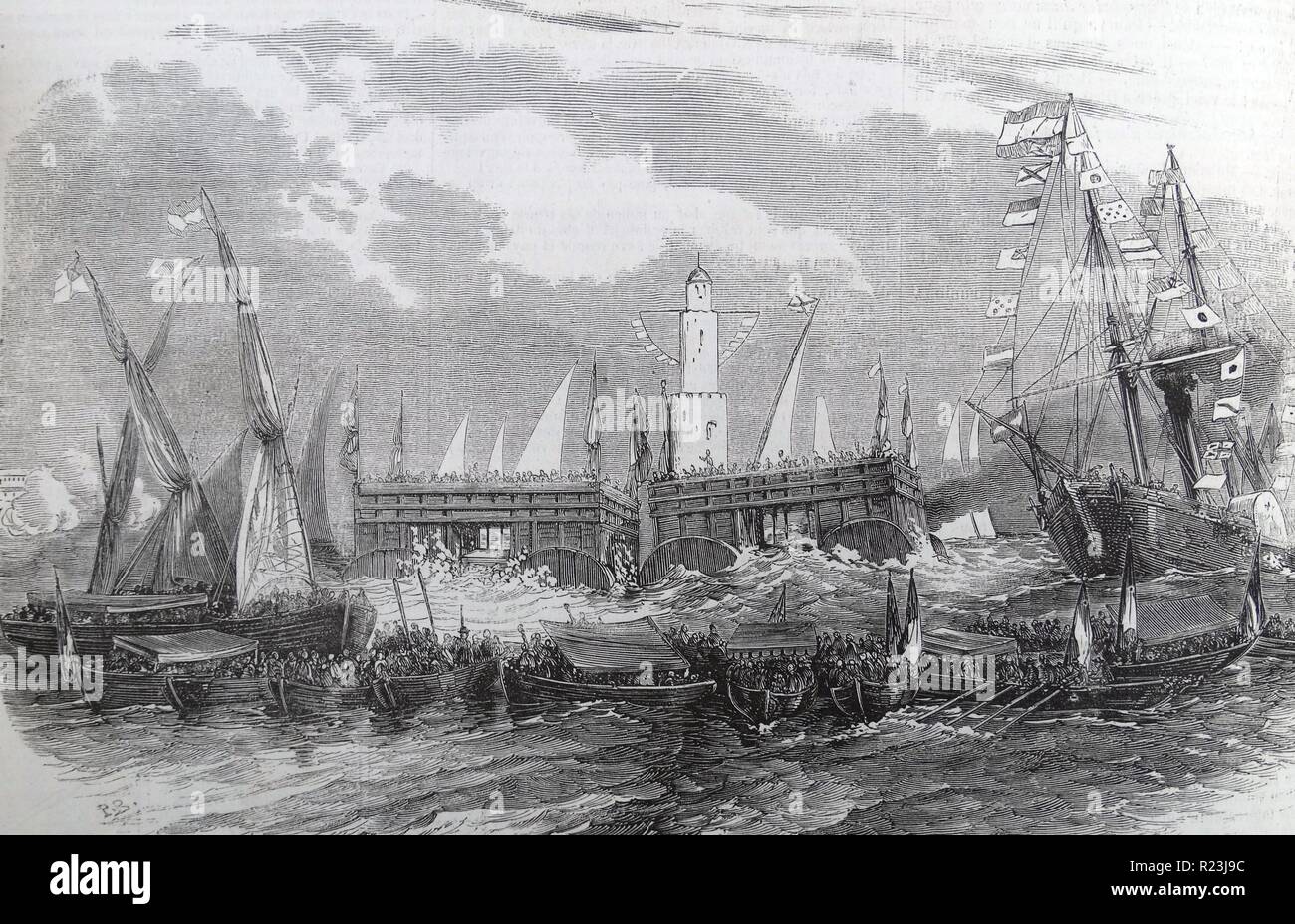 Illustrazione raffigurante la posa della prima pietra del porto di Livorno. Datata 1853 Foto Stock