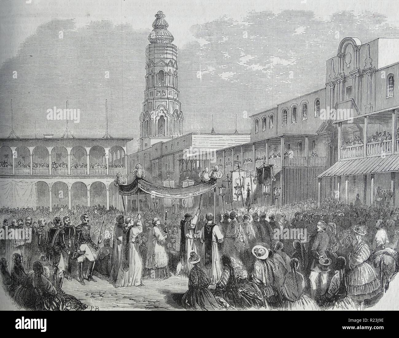 Illustrazione raffigurante una processione religiosa di Plaza Mayor, Lima. Datata 1840 Foto Stock