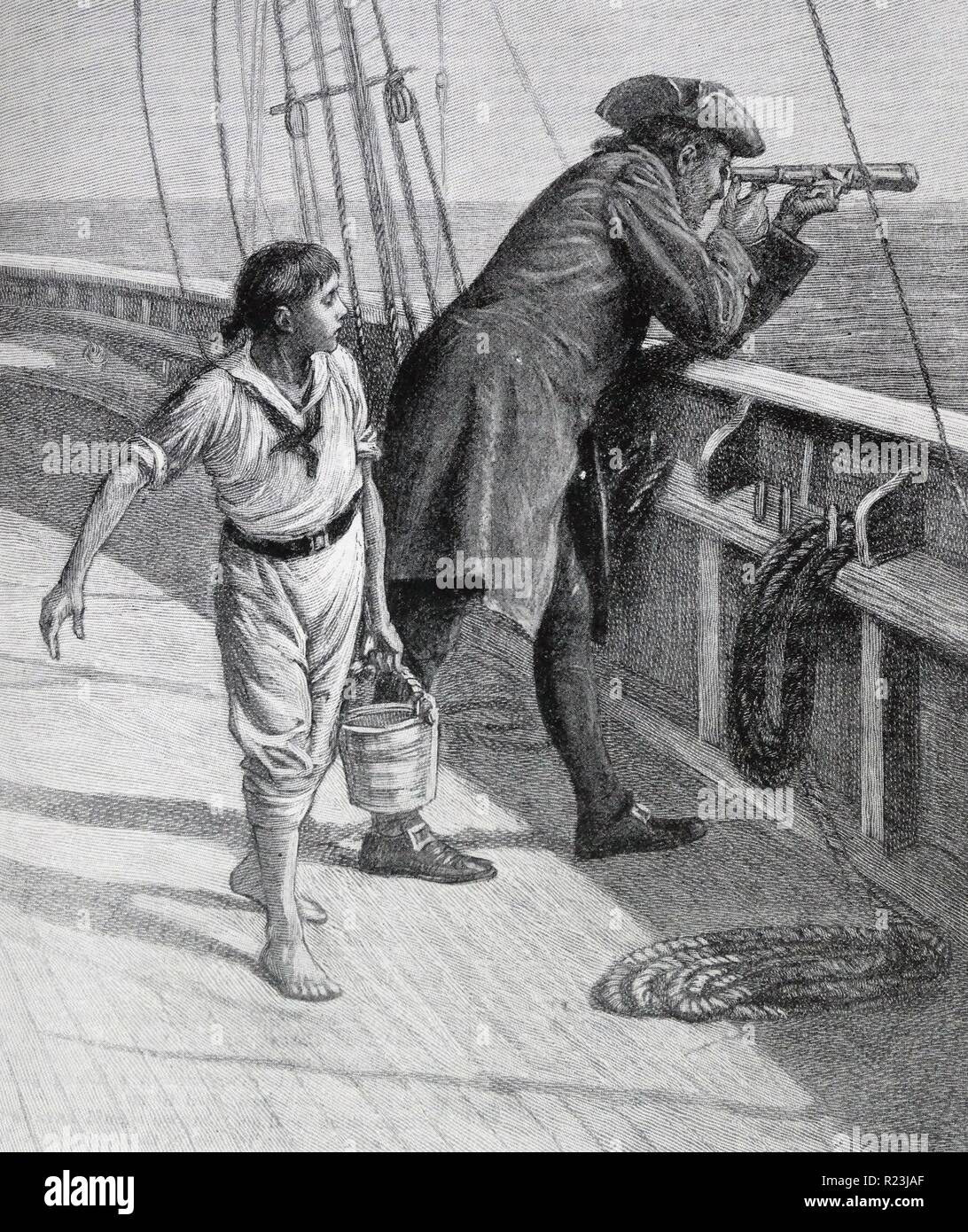 Illustrazione di un libro che raffigura il capitano e un giovane ragazzo. Il capitano è guardando fuori attraverso il mare attraverso il suo telescopio, mentre il giovane ragazzo è portante una benna di granite. Datata 1913 Foto Stock