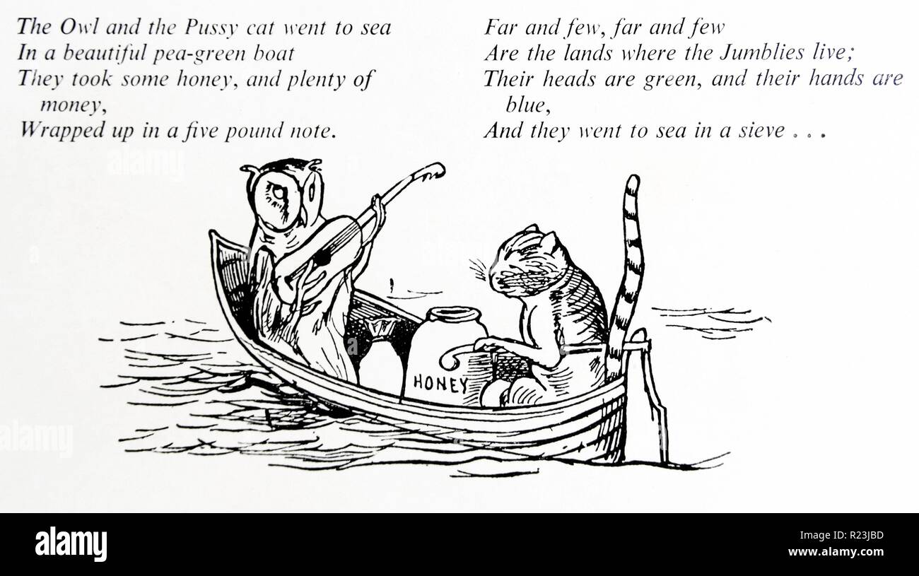 La civetta e la Pussycat caracaters da Edward Lear (1812-1888) artista inglese, illustrator, autore e poeta, ed è nota soprattutto per la sua assurdità letteraria in prosa e poesia e soprattutto il suo limerick, Foto Stock