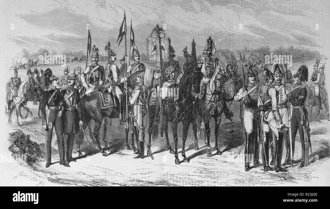 L'incisione dell'esercito russo le uniformi della prima divisione di cavalleria Guardia. Datata 1812 Foto Stock