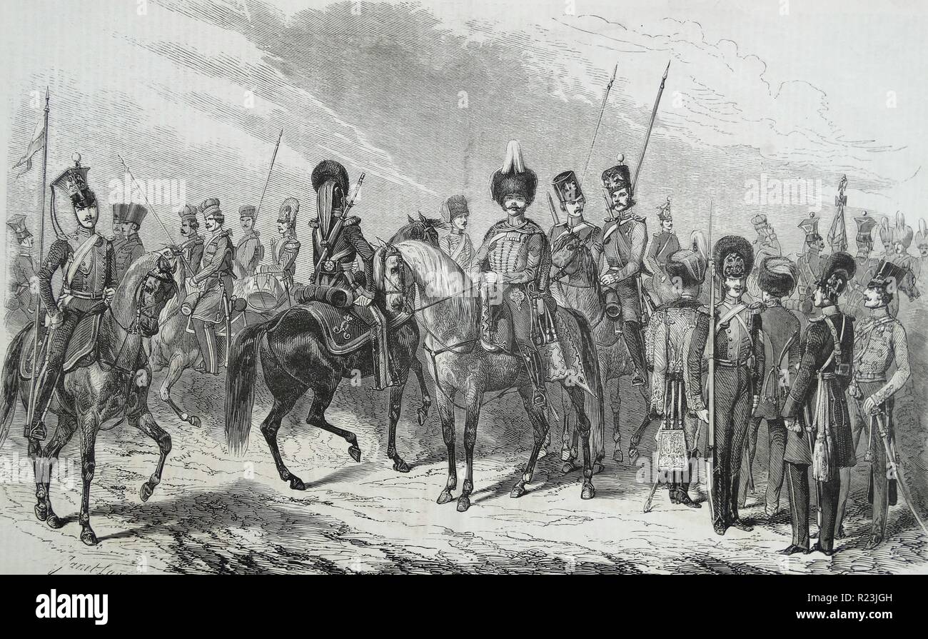 L'incisione dell'esercito russo le uniformi della prima divisione di cavalleria Guardia. Datata 1812 Foto Stock