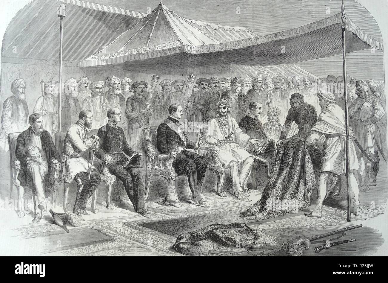 Intervista a Sealkote, il 9 marzo, tra il Maharajah Runjeet Singh di Cashmere e sua eccellenza il Signore Canning. Illustrazione per la Illustrated London News, 14 luglio 1860. Foto Stock